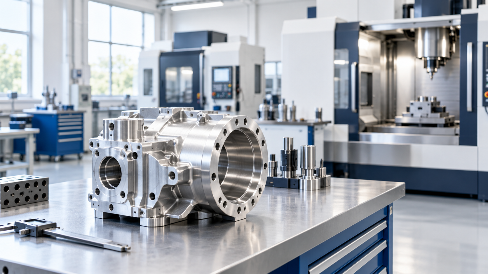 Precision-machined component in a bright, modern engineering workshop